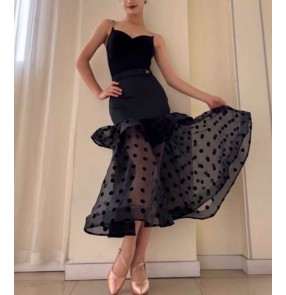 Women girls polka dot black ballroom dance dresses waltz tango foxtrot smooth rhythm dancing costumes tops and skirts for female